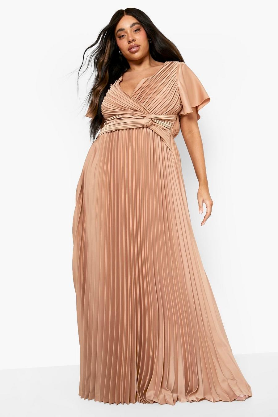 Bronze metallic Plus Pleated Twist  Angel Sleeve Maxi Dress