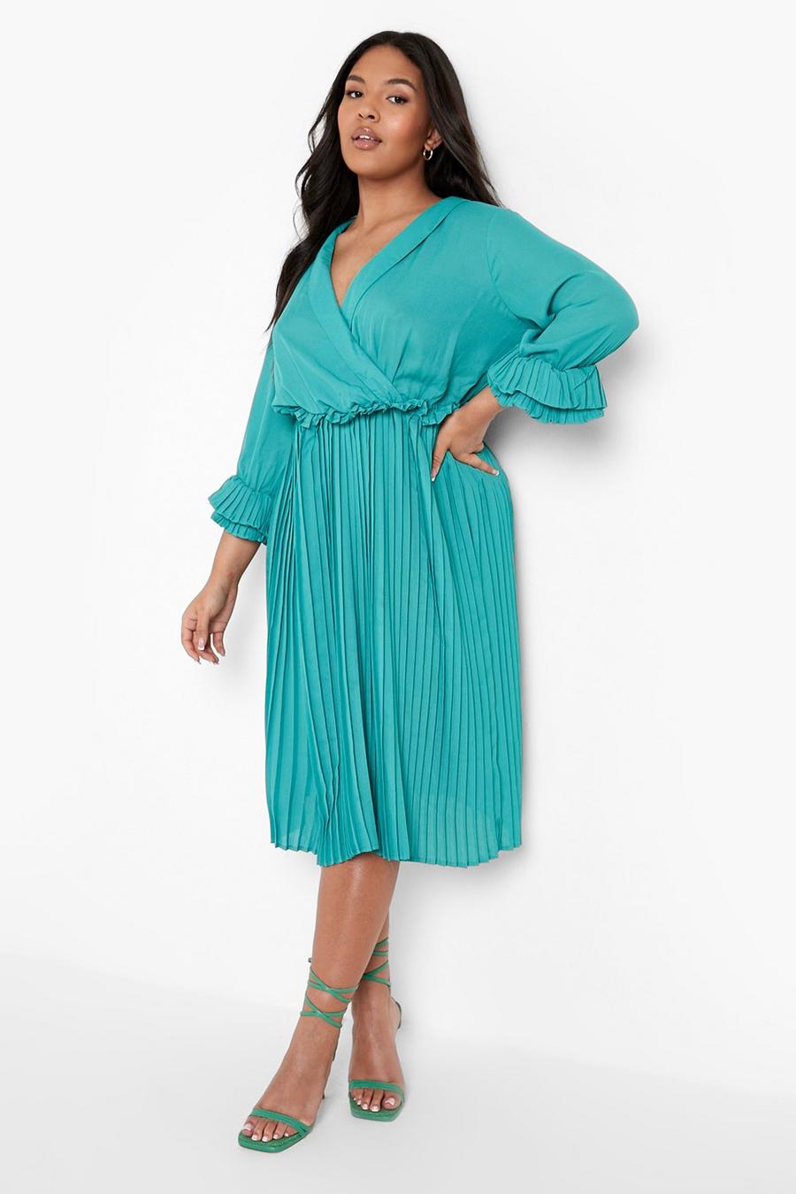 Teal Plus Woven Pleated Ruffle Midi Skater Dress image number 1