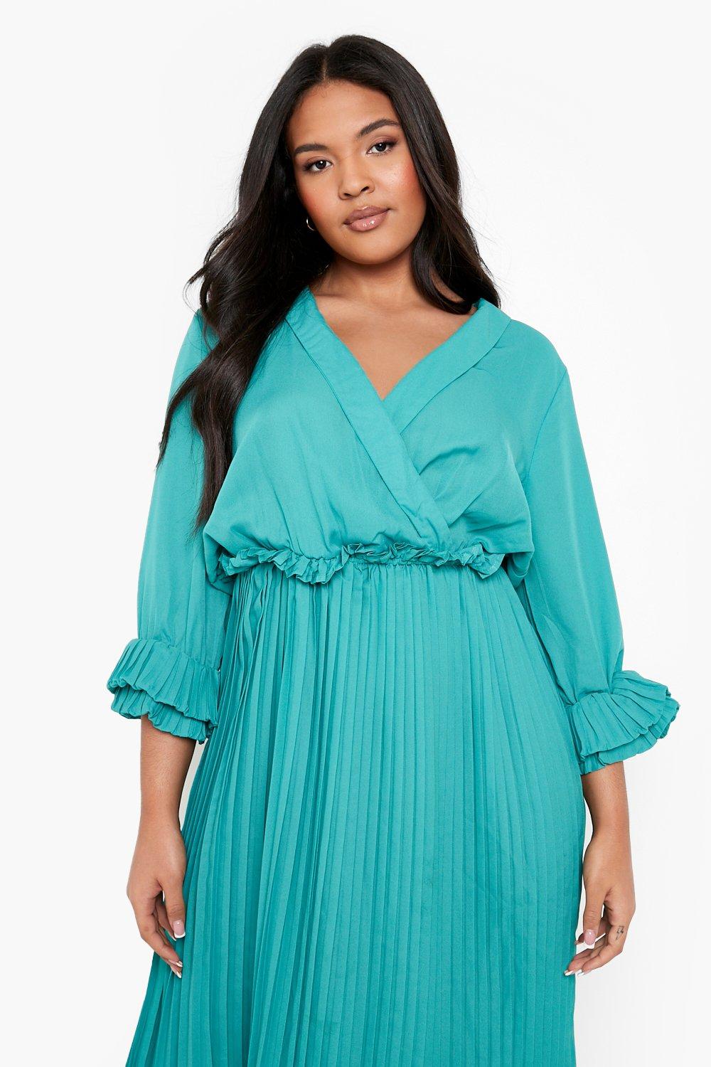 Emerald green frill detail pleated best sale midi dress