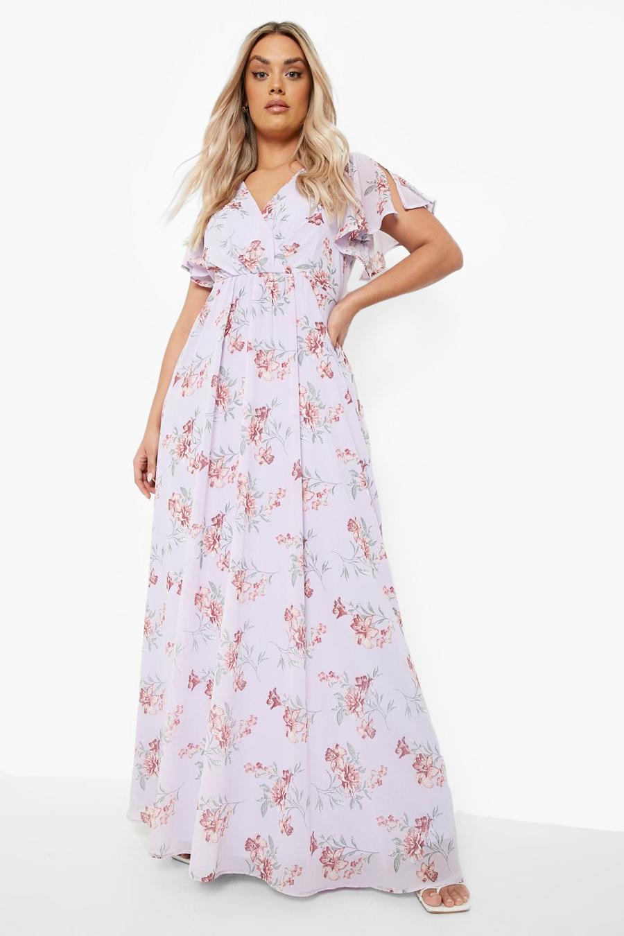 Lilac Plus Floral Chiffon Angel Sleeve Maxi Dress image number 1