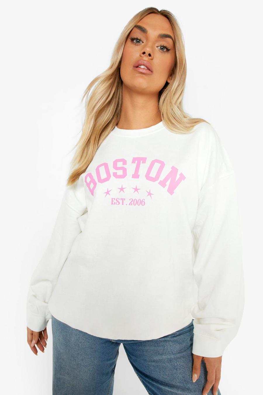 Plus Sweatshirt mit Boston-Print, Ecru image number 1