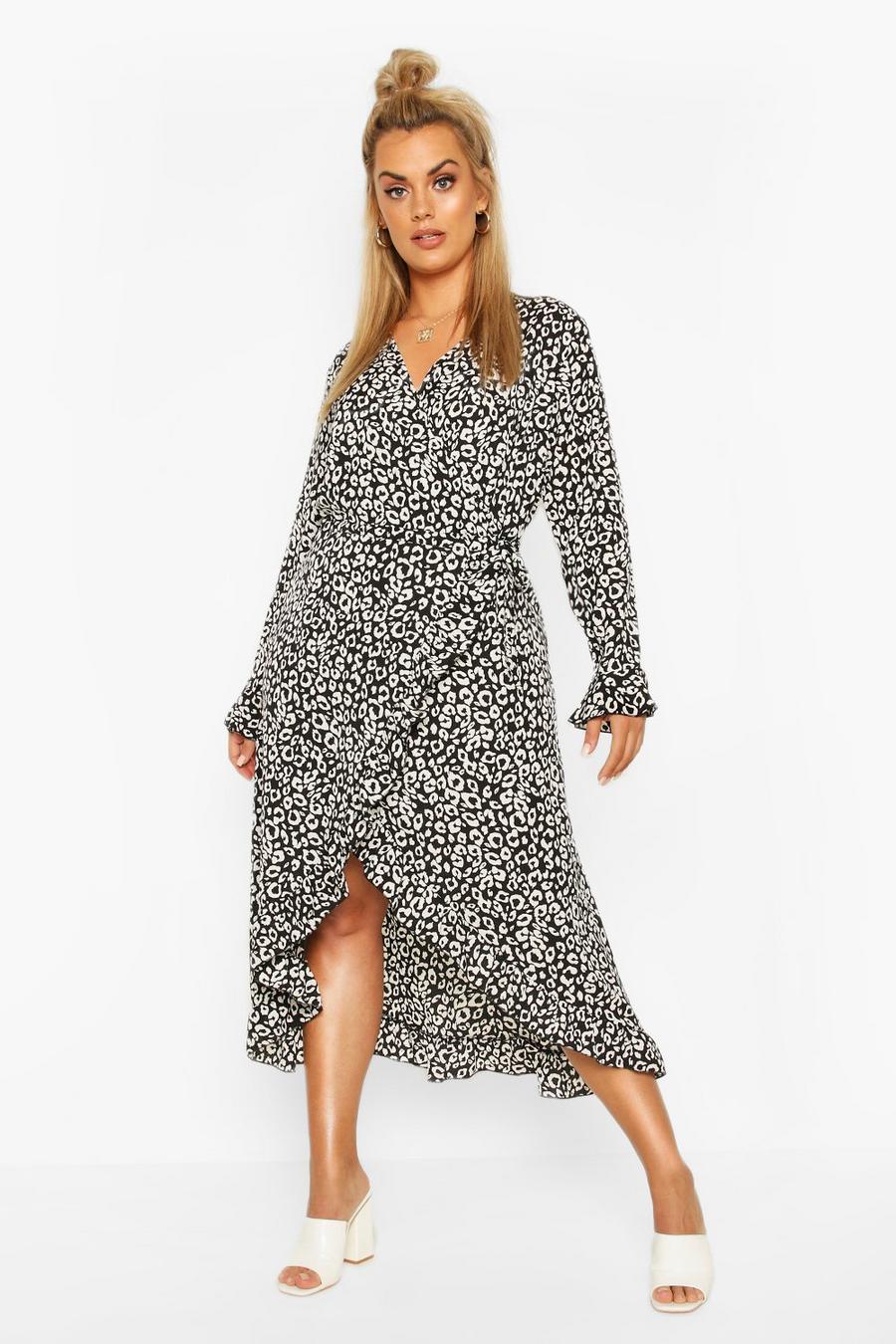 Plus Leopard Ruffle Wrap Midi Dress image number 1