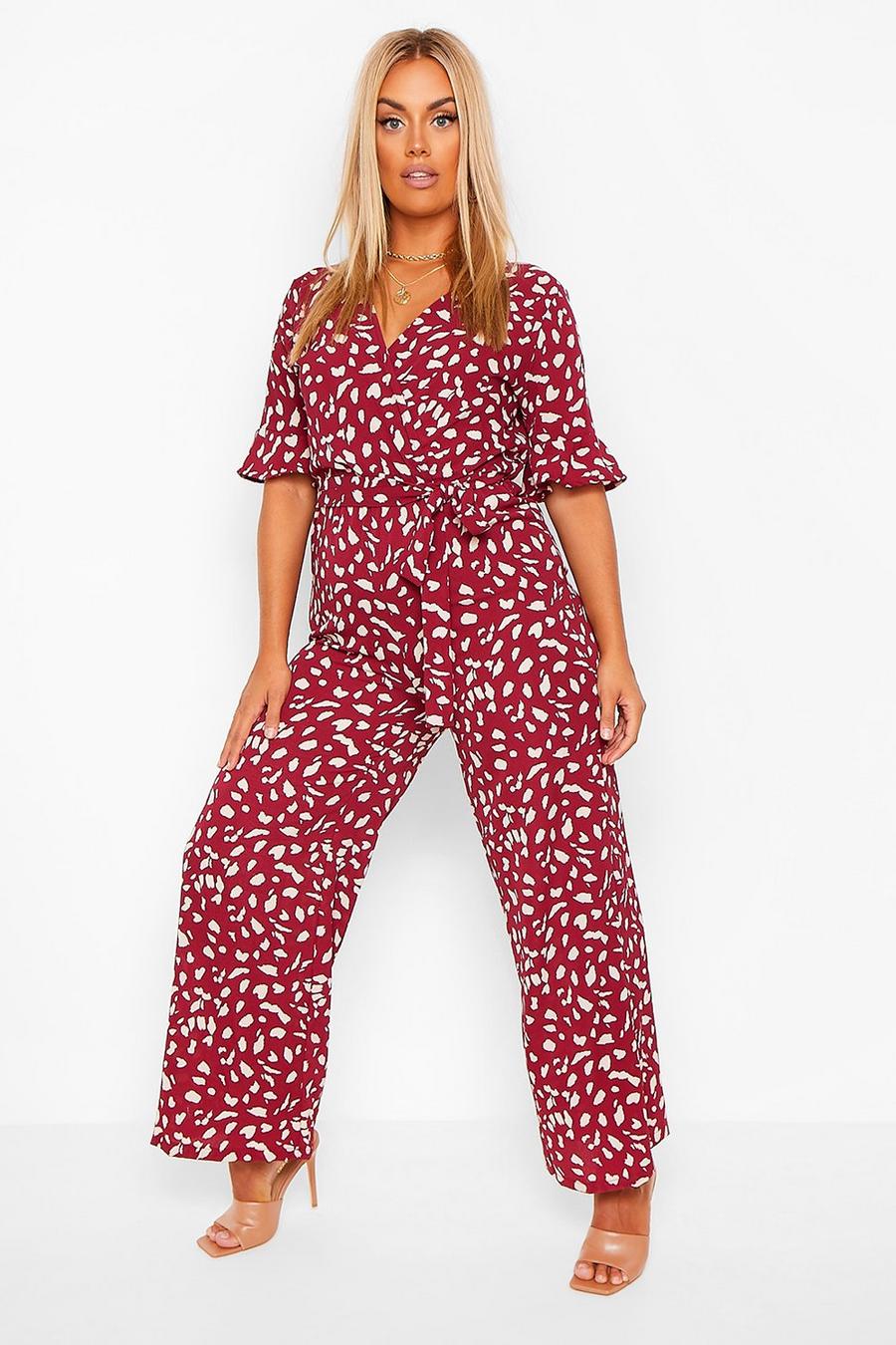 Berry Plus Smudge Print Wrap Belted Wide Leg Jumpsuit image number 1