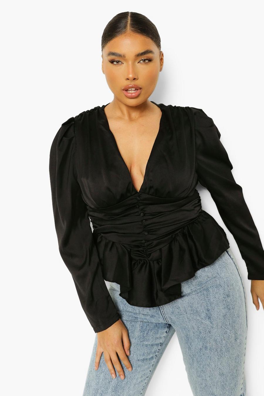 Black Plus Plunge Ruffle Frill Top image number 1