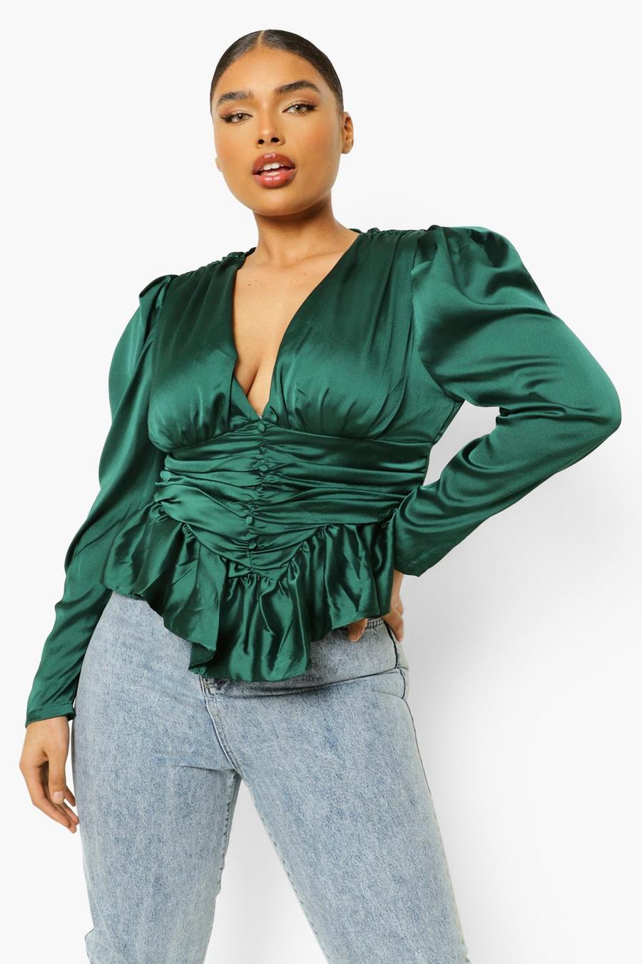 Dark green Plus Plunge Ruffle Frill Top image number 1