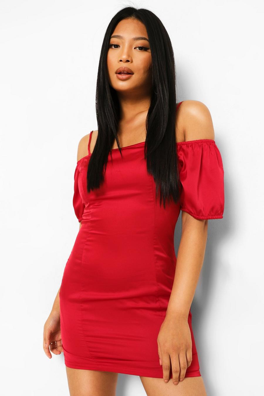 Red Petite Satin Off The Shoulder Volume Mini Dress image number 1