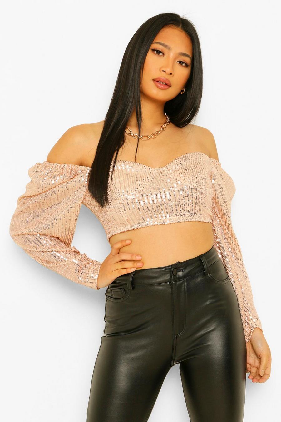 Rose gold Petite Sequin Corset Style Crop Top image number 1