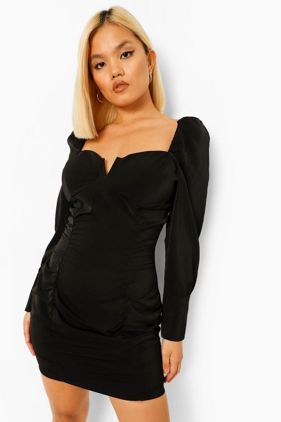 שחור שמלת מיני מסאטן בסגנון מחוך עם כיווצים פטיט image number 1