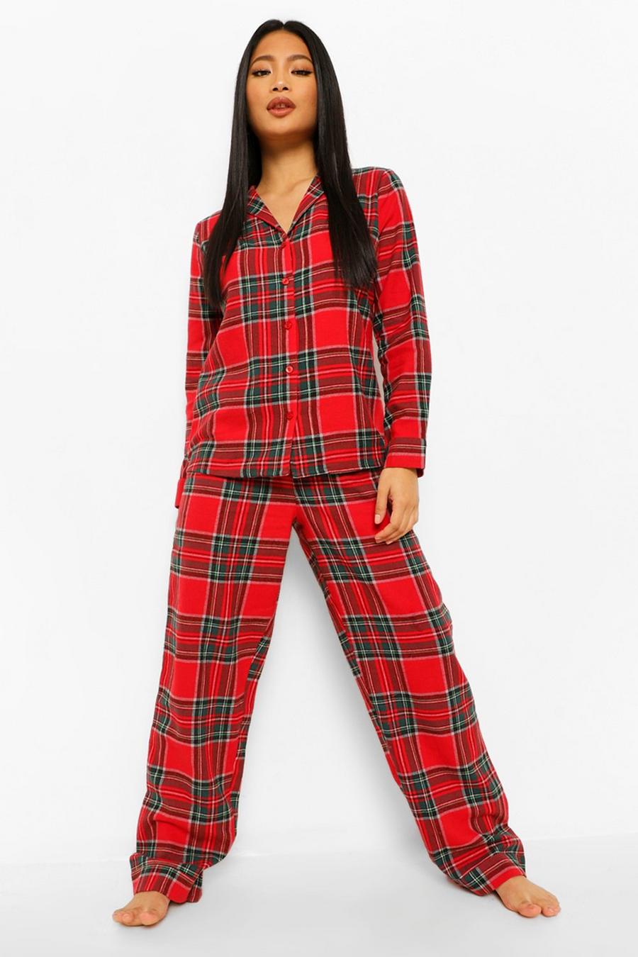 Pijama Petite navideño de pantalón largo y top de manga larga con estampado de cuadros, Rojo rosso