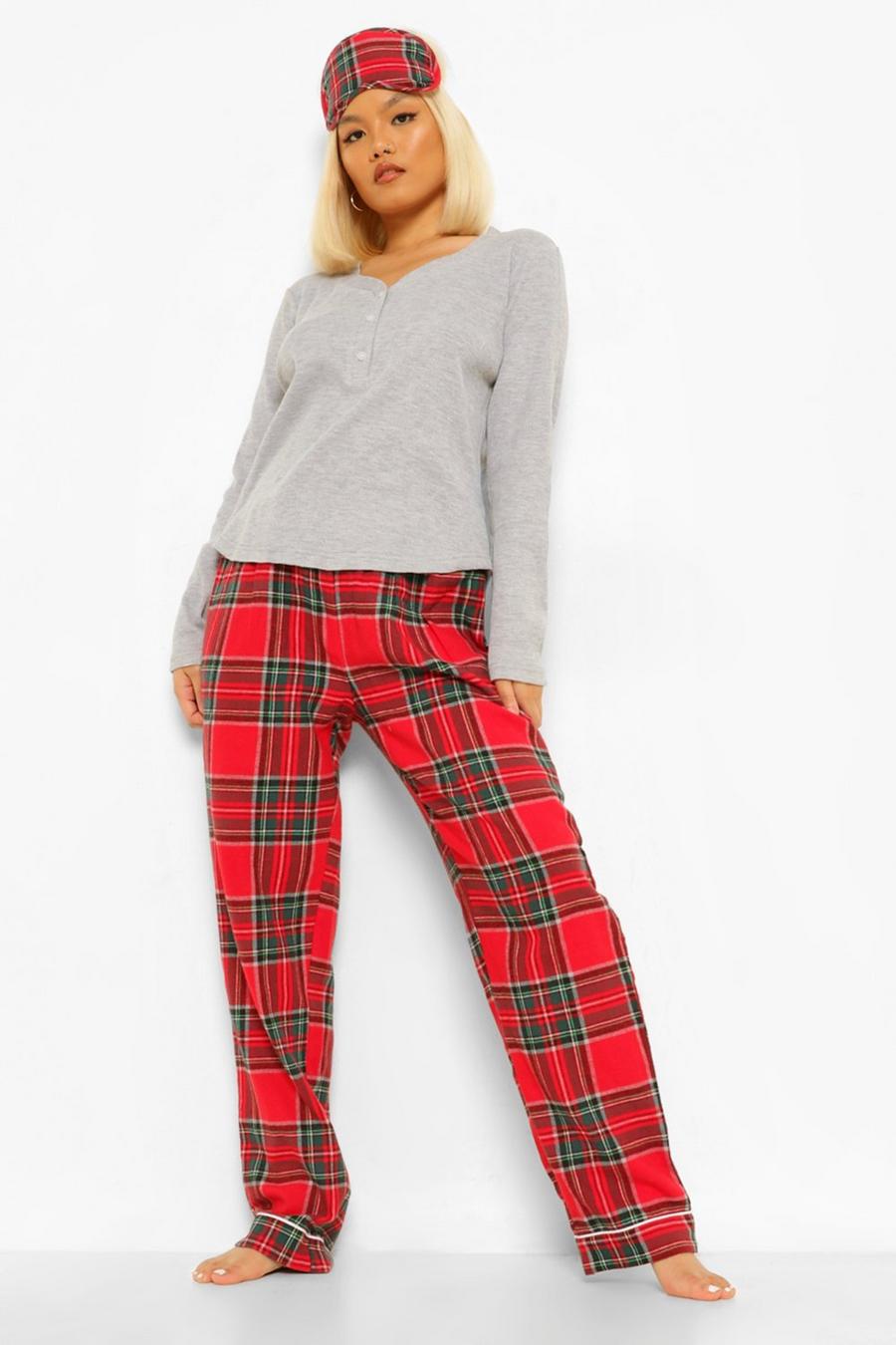 Red Petite Check 3 Piece Pants And Eye Mask Pj Set image number 1