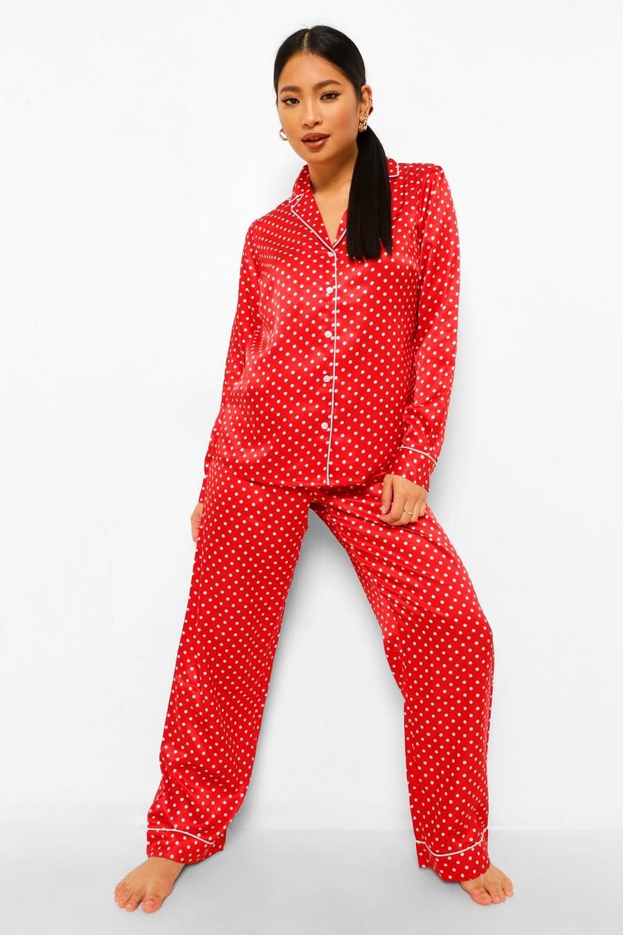 Red Petite Christmas Satin 3 Piece Trouser and Scrunchie PJ Set image number 1