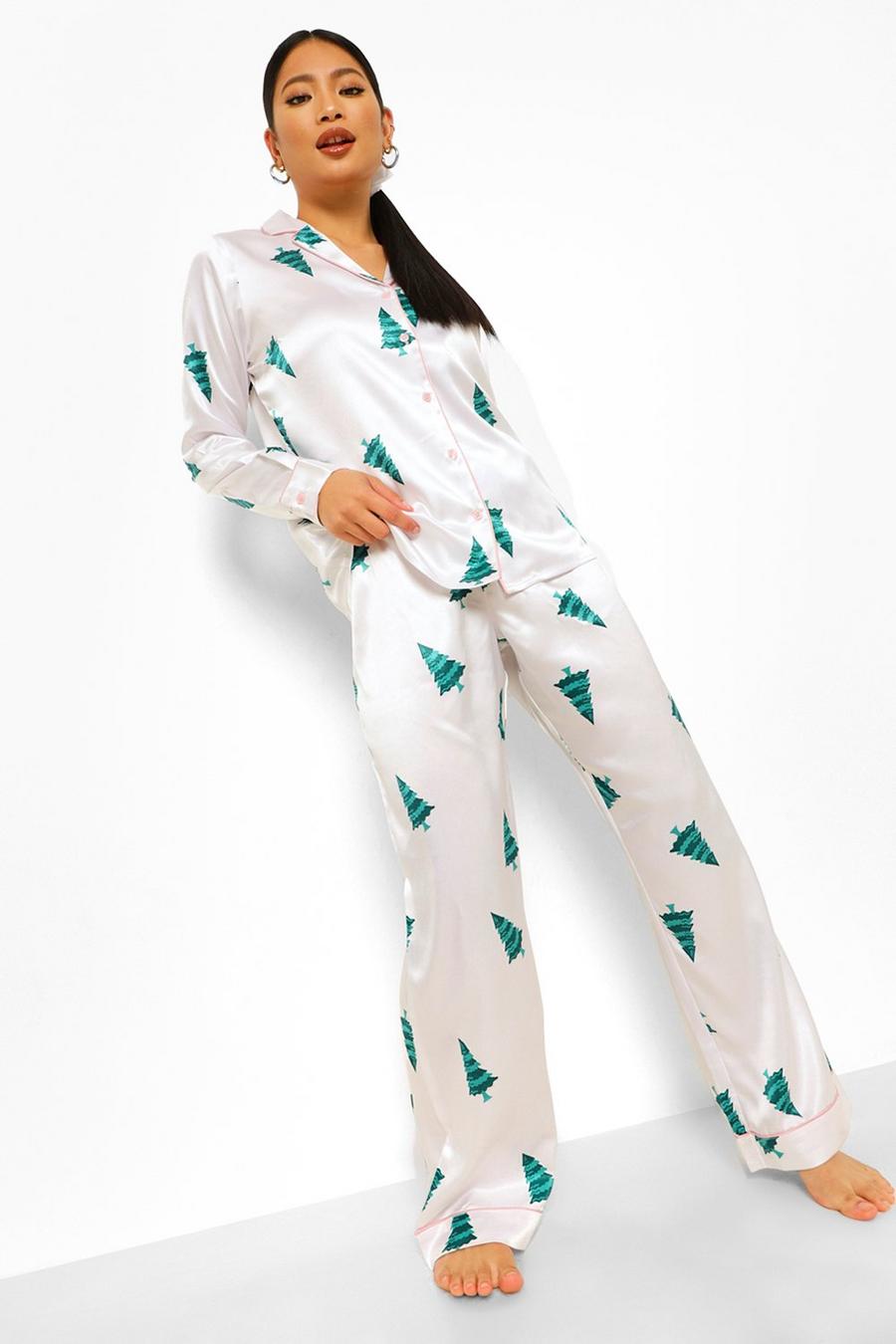 White Petite Christmas Satin 3 Piece Trouser and Scrunchie PJ Set image number 1