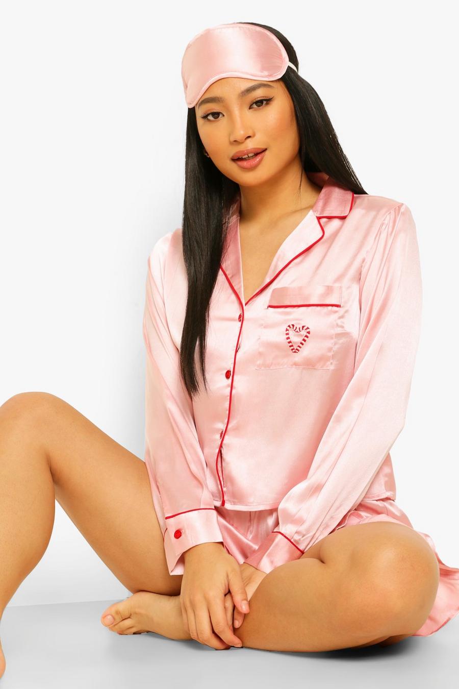 Pink Petite 3-Delige Satijnen Pyjama Set Met Shorts En Slaapmasker image number 1