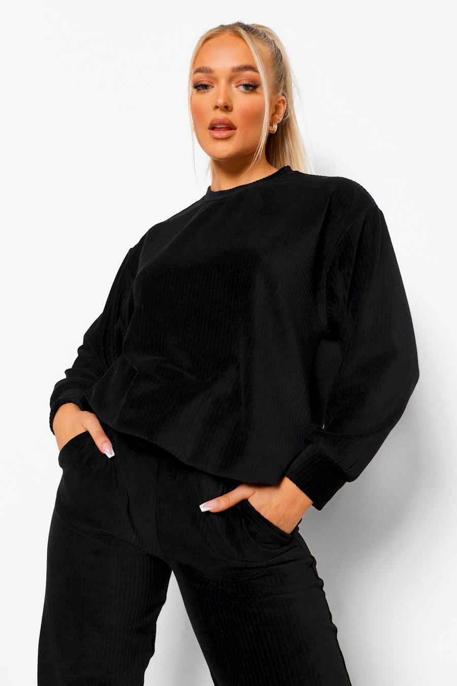 Black Petite Rib Velour Oversized Sweatshirt image number 1