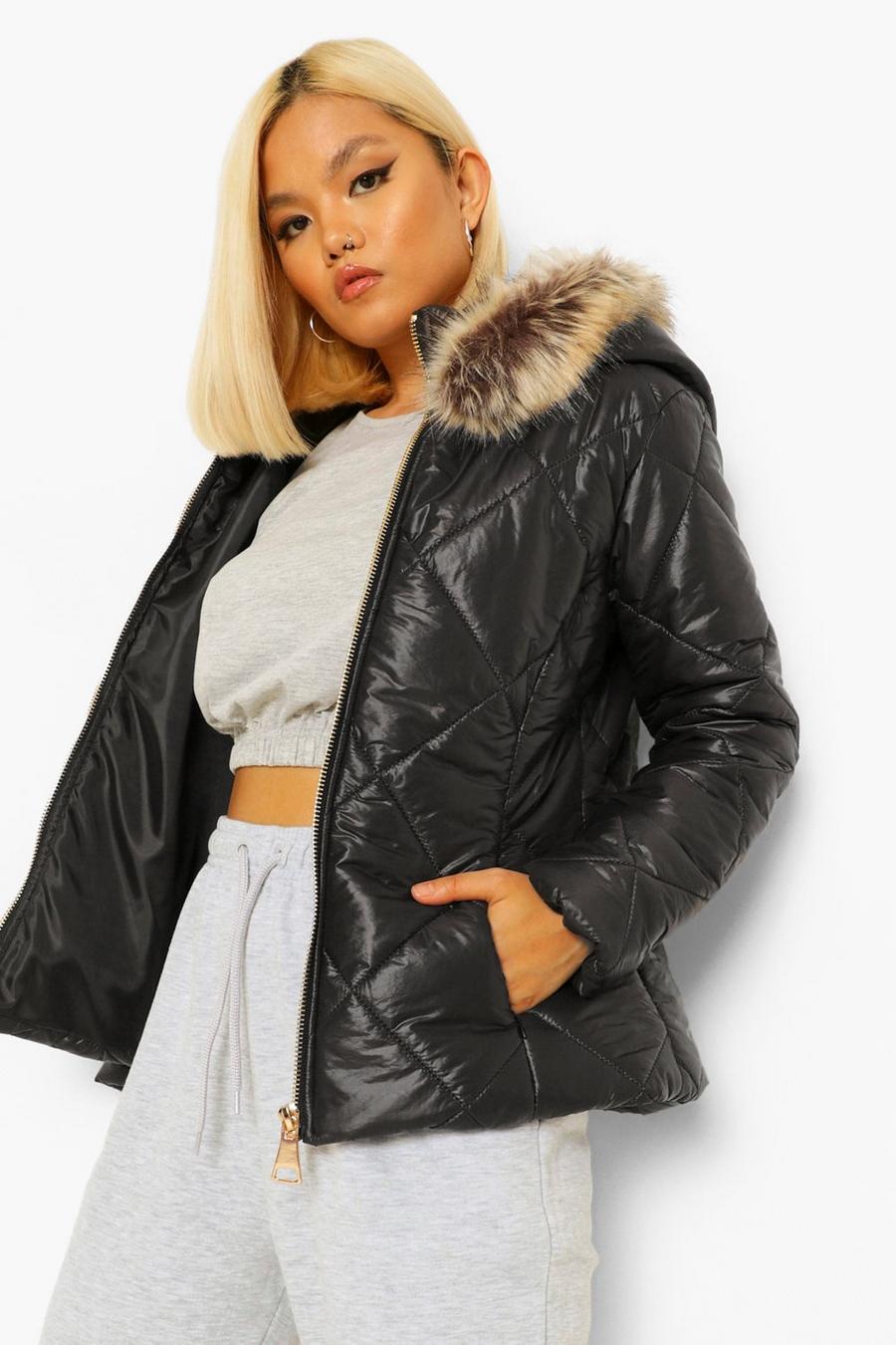 Black Petite Faux Fur Trim Fitted Puffer Jacket image number 1