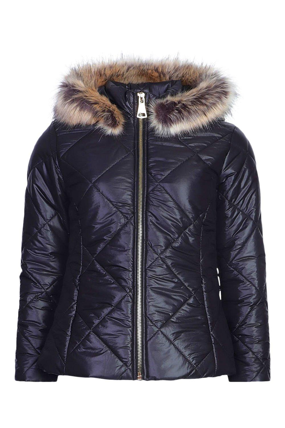 Petite black faux fur outlet hood fitted puffer jacket