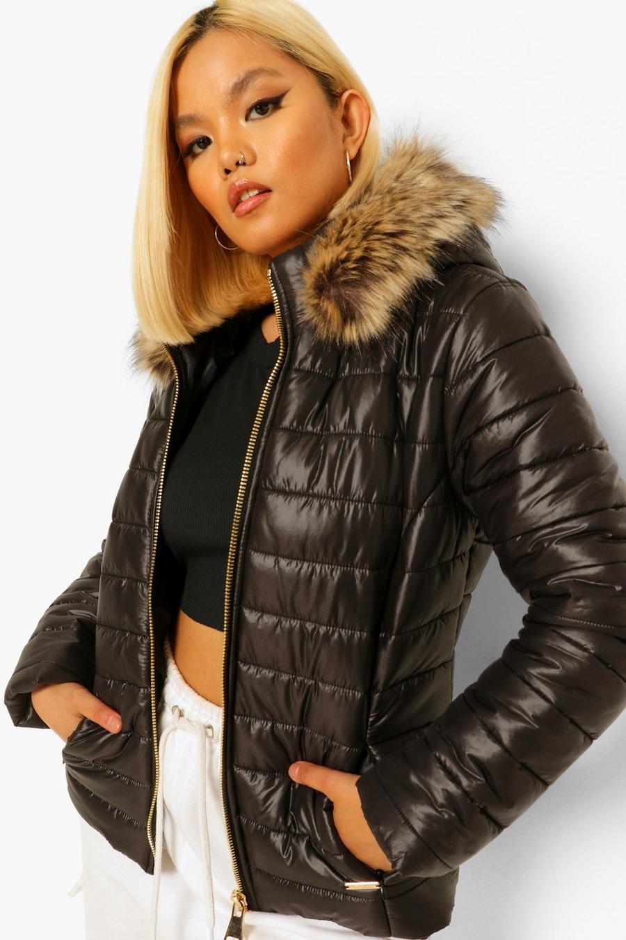 Black Petite Quilted Faux Fur Trim Puffer Jacket image number 1