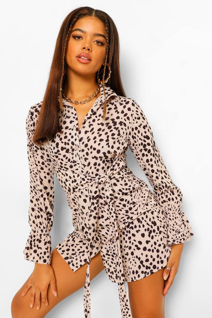 Vestido camisero con estampado de leopardo y detalle de lazo, Petite, Crema image number 1
