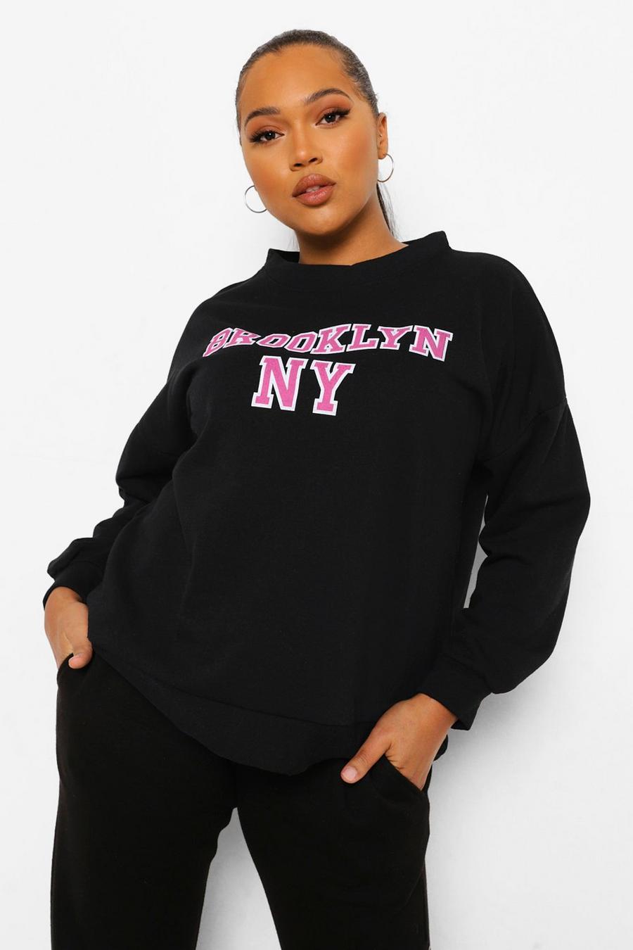 Plus Sweatshirt in Übergröße mit „Brooklyn“-Slogan, Schwarz image number 1