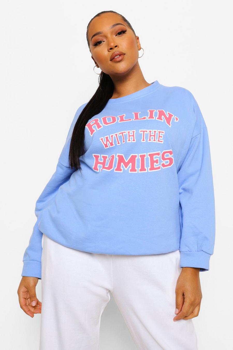 Plus Sweatshirt in Übergröße mit „Rolling With The Homies“-Slogan, Taubenblau image number 1