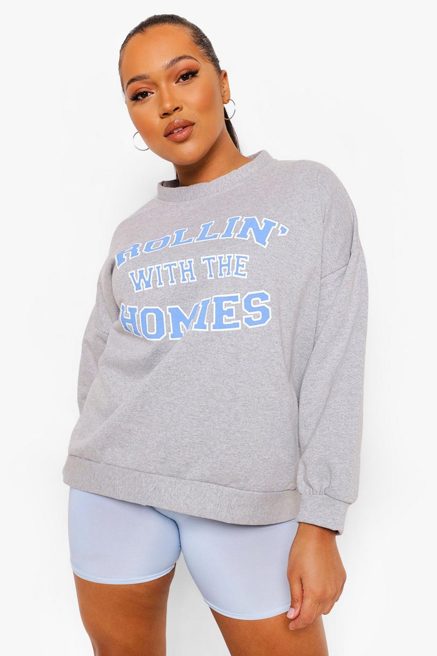 Plus Sweatshirt in Übergröße mit „Rolling With The Homies“-Slogan, Grau meliert image number 1