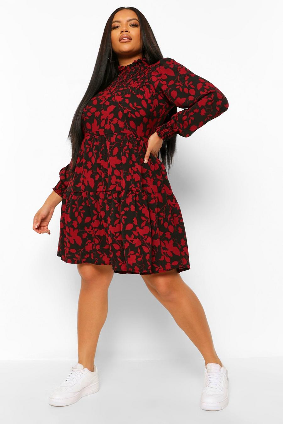 Berry Plus - Blommig klänning med smock och hög krage image number 1