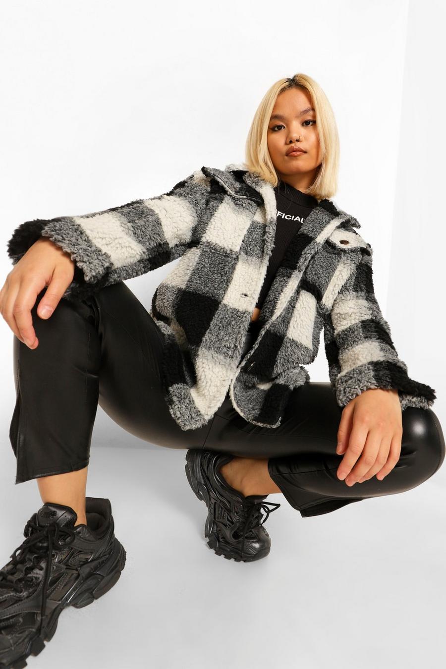 Black Petite Check Teddy Shacket image number 1