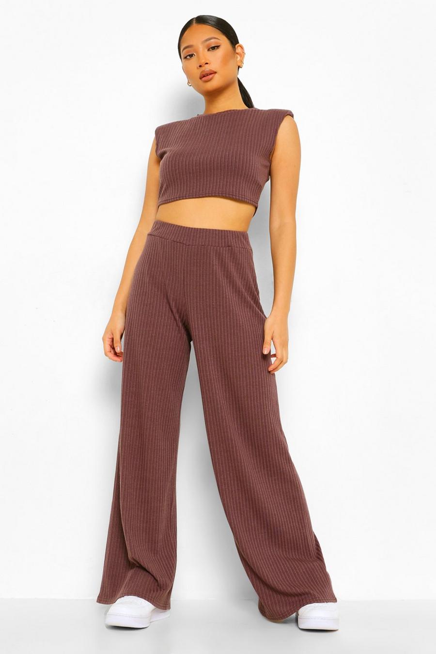 Chocolate Petite Shoulder Pad Crop And Wide Leg Track Pant image number 1
