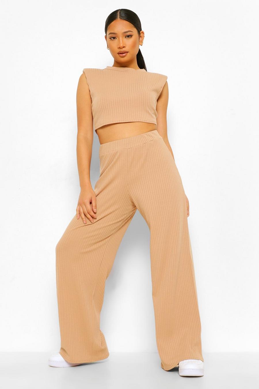 Stone Petite Shoulder Pad Crop And Wide Leg Track Pant image number 1