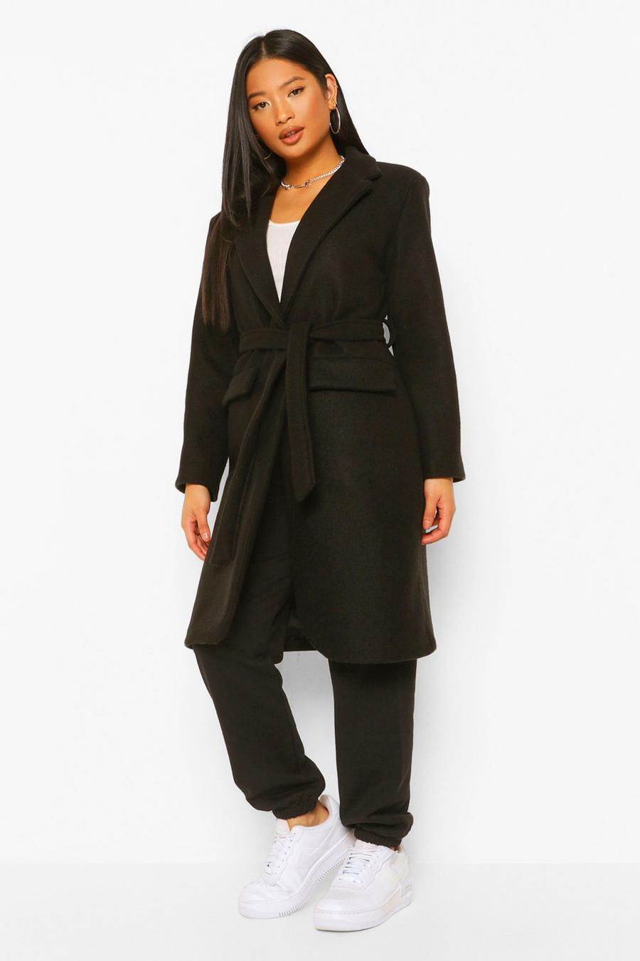 Black Petite Belted Button Up Wool Look Coat image number 1