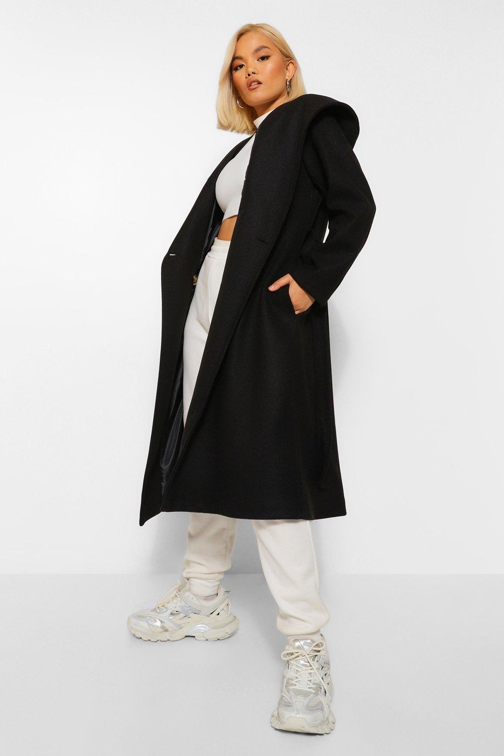 Boohoo hooded wool look belted sale coat