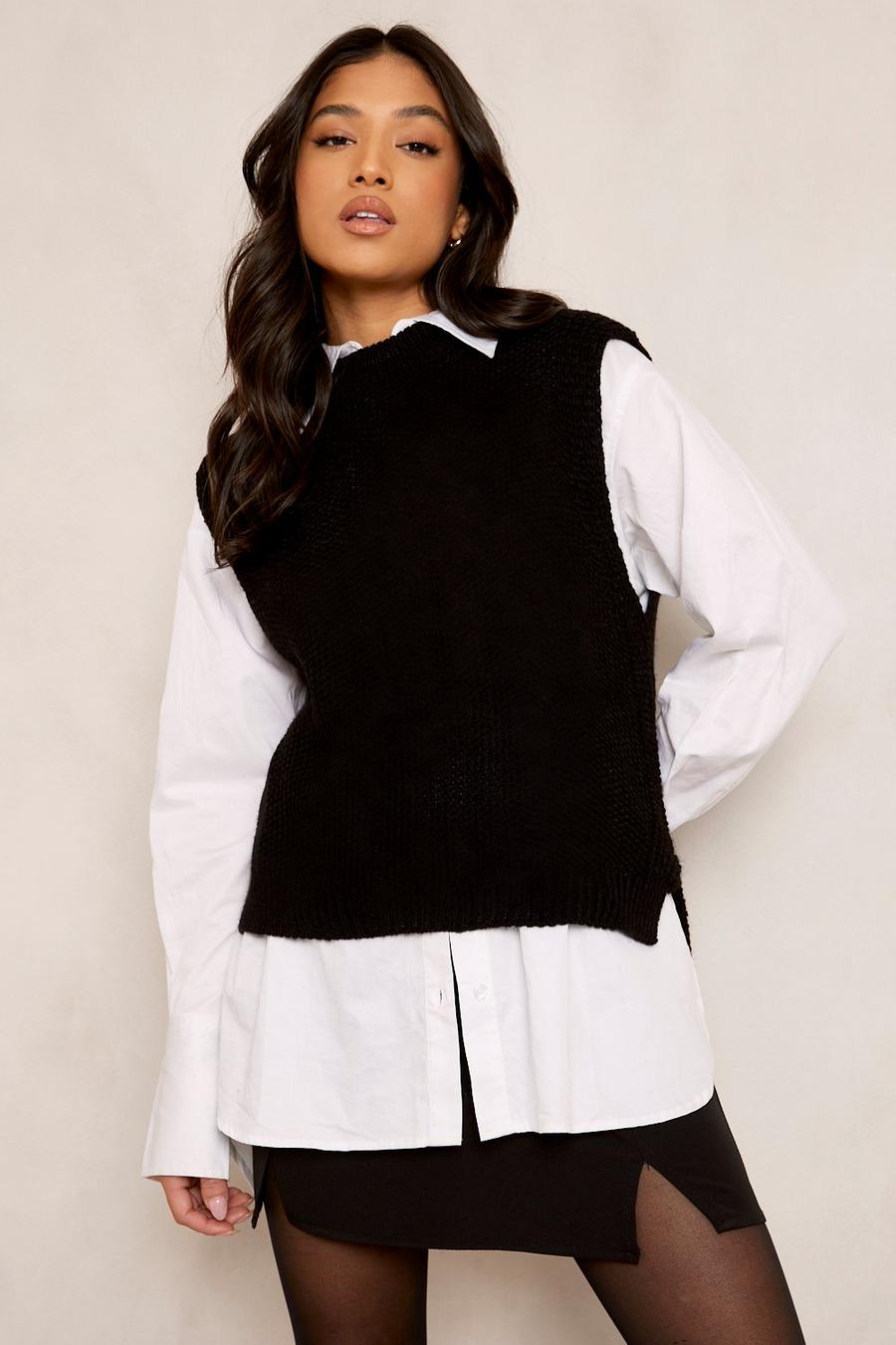 Black Petite Oversized Knitted Vest Jumper image number 1