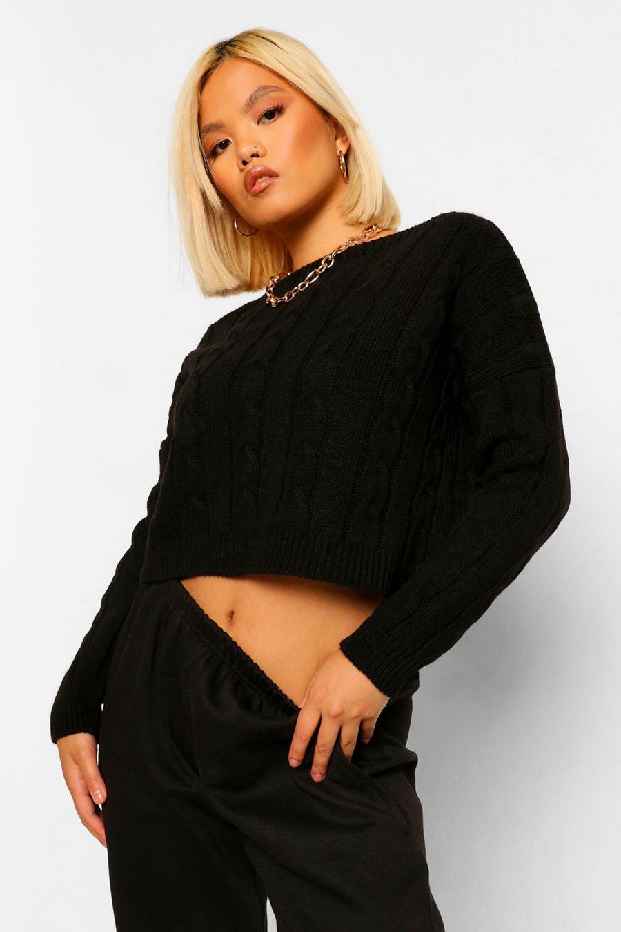 Black Petite Cable Knit Cropped Jumper image number 1