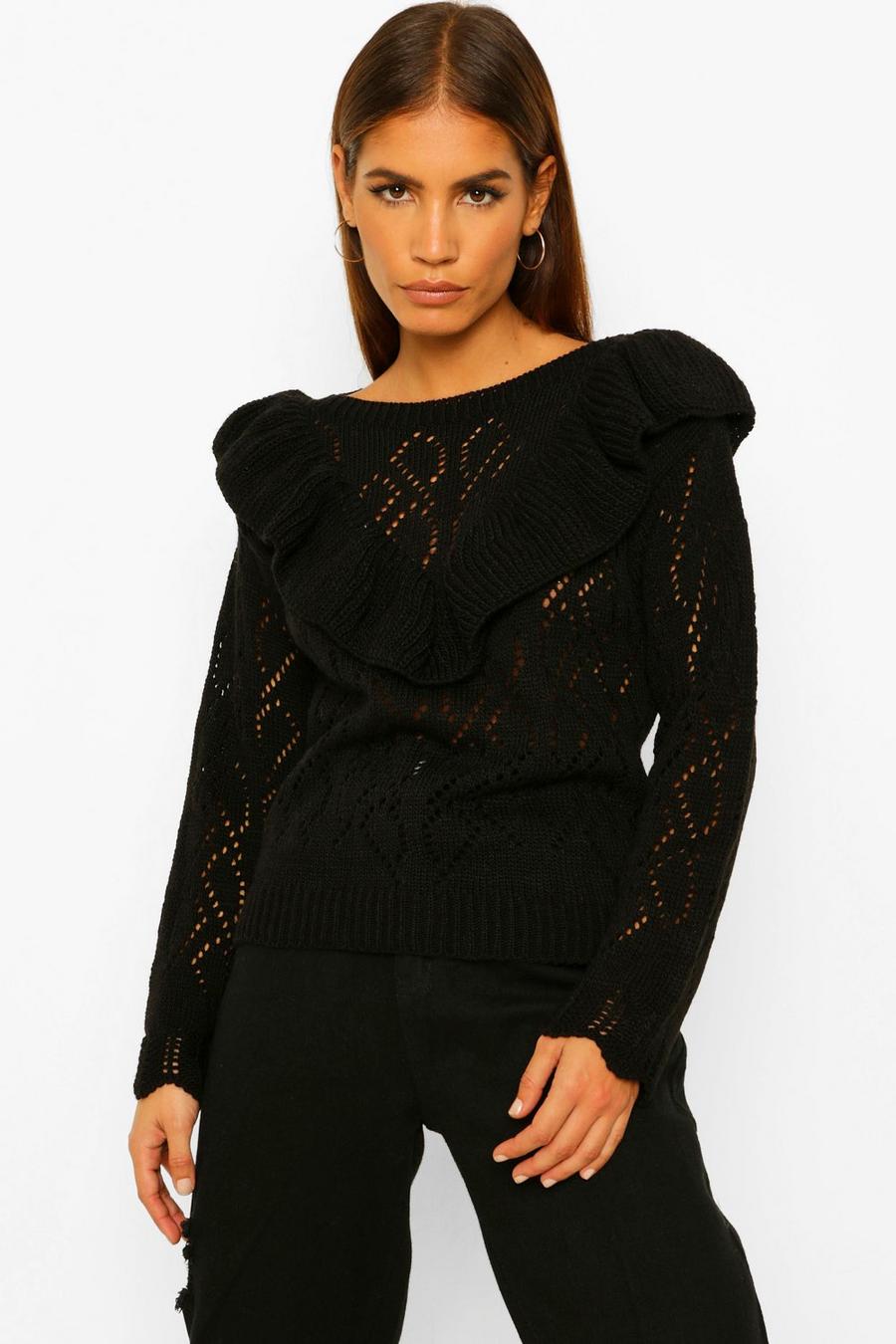 Black Petite Pointelle Ruffle Front Jumper image number 1