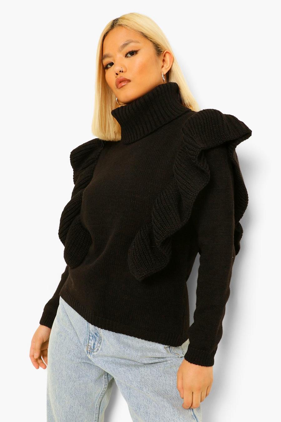 Black Petite Turtleneck Ruffle Neck Sweater image number 1