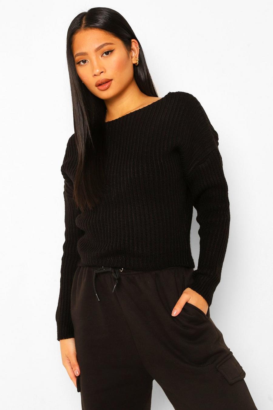 Black Petite Lace Trim Chunky Knit V-Neck Sweater image number 1