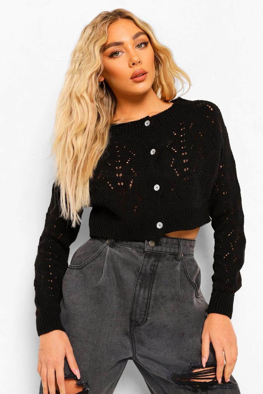 Black Petite Knitted Button Detail Cropped Cardigan image number 1