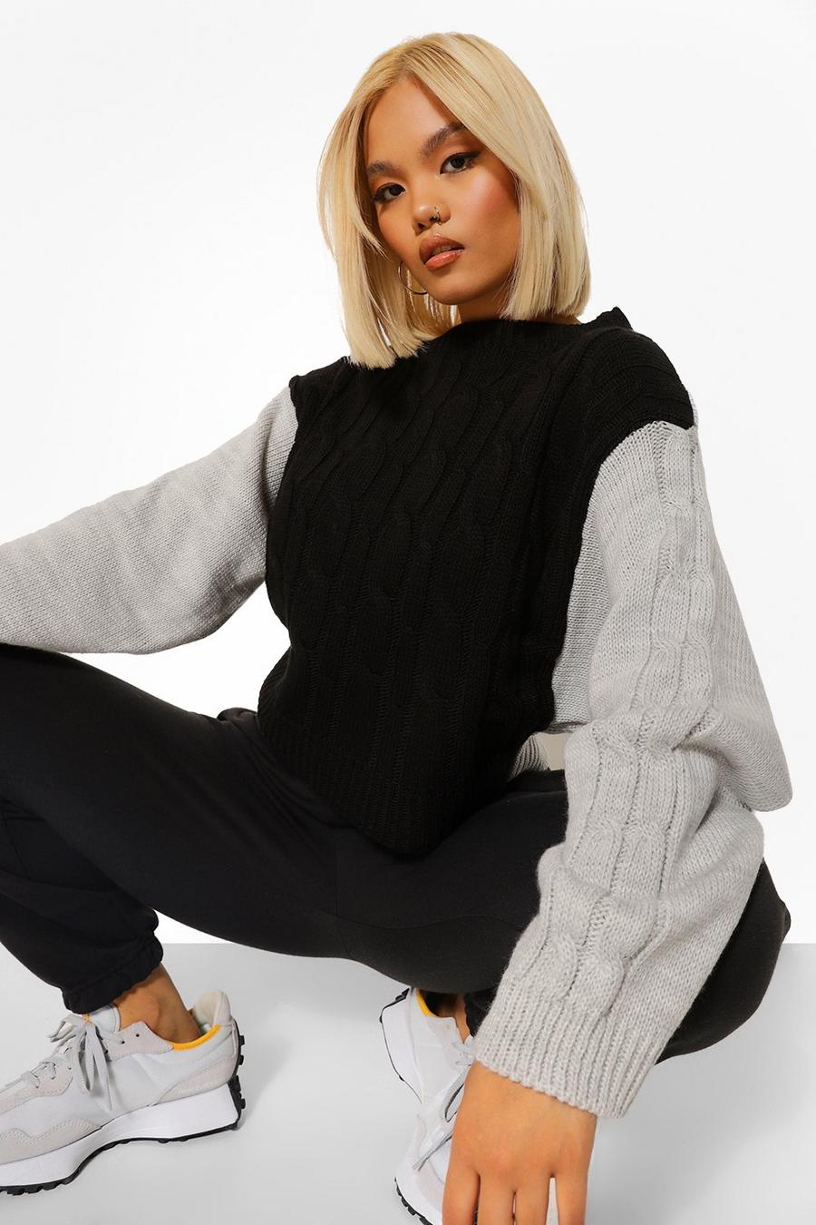 Black Petite Colour Block Cable Knitted Jumper image number 1
