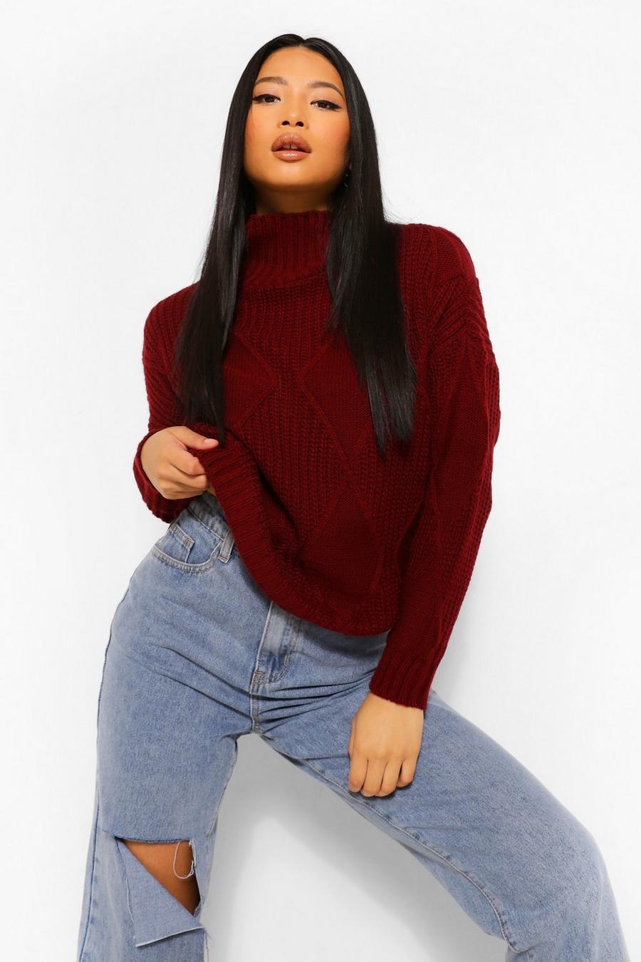 Berry Petite Diamond Knit Roll Neck Jumper image number 1