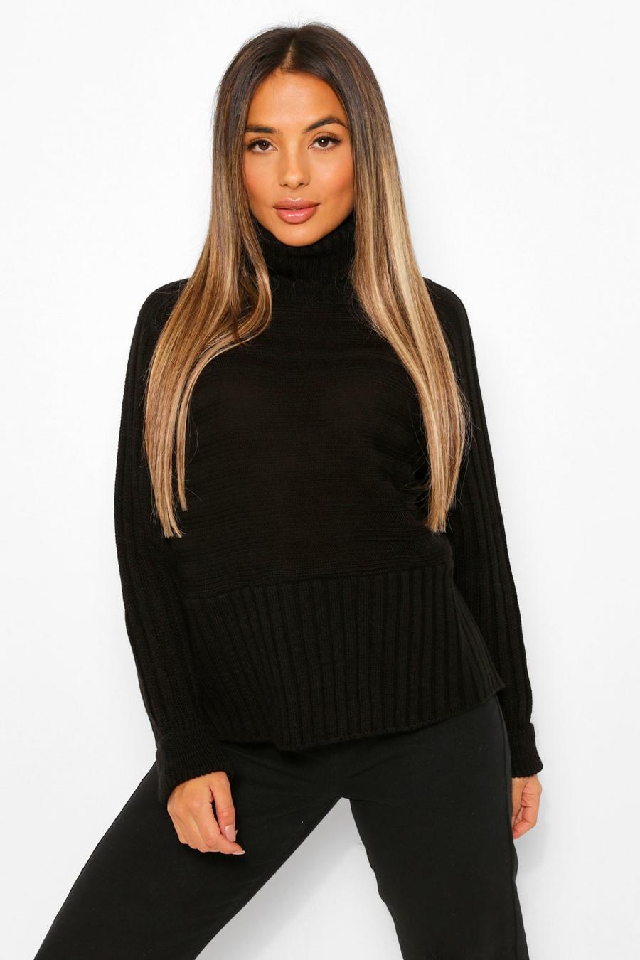 Black Petite Roll Neck Chunky Stripe Knitted Jumper image number 1