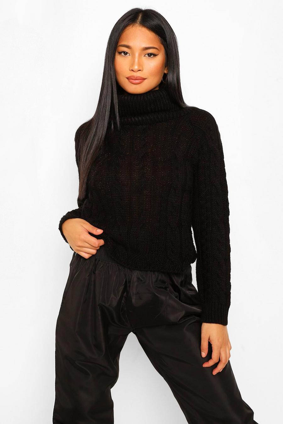 Black Petite Cable Knit Turtleneck Cropped Sweater image number 1