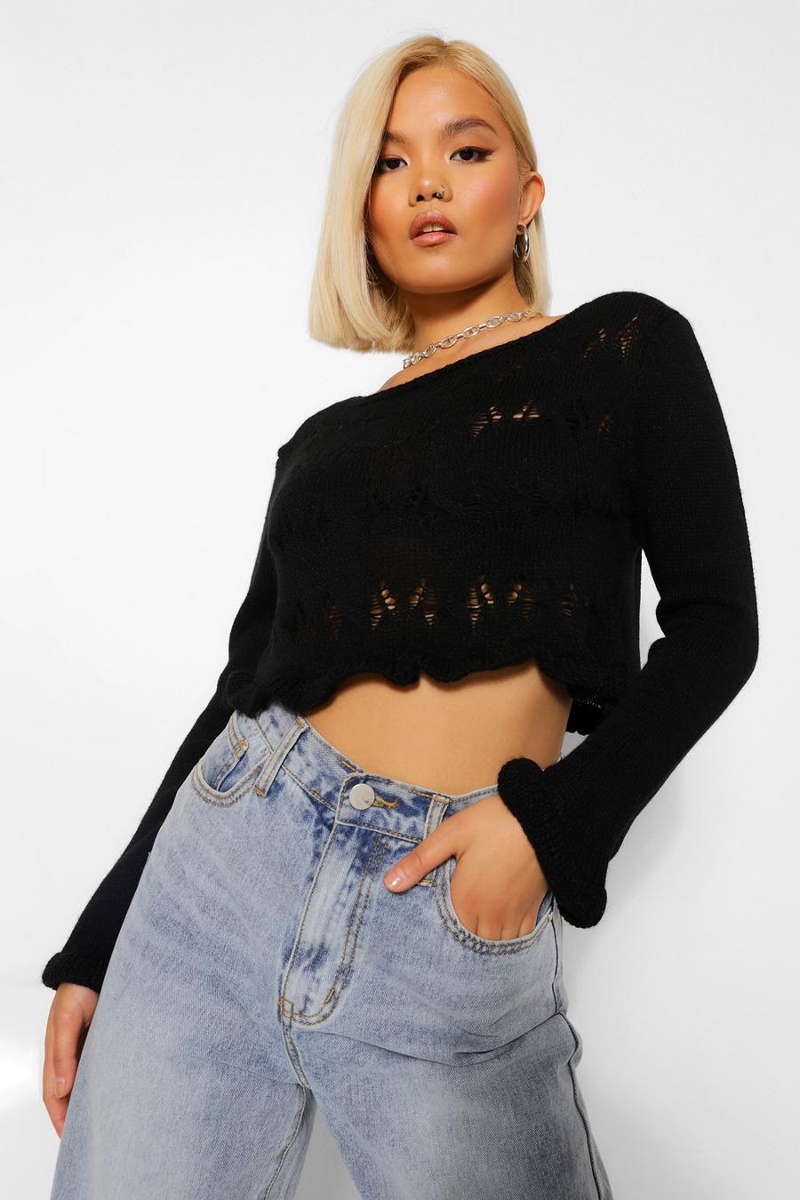 Black Petite Knitted Frill Detail Sweater image number 1