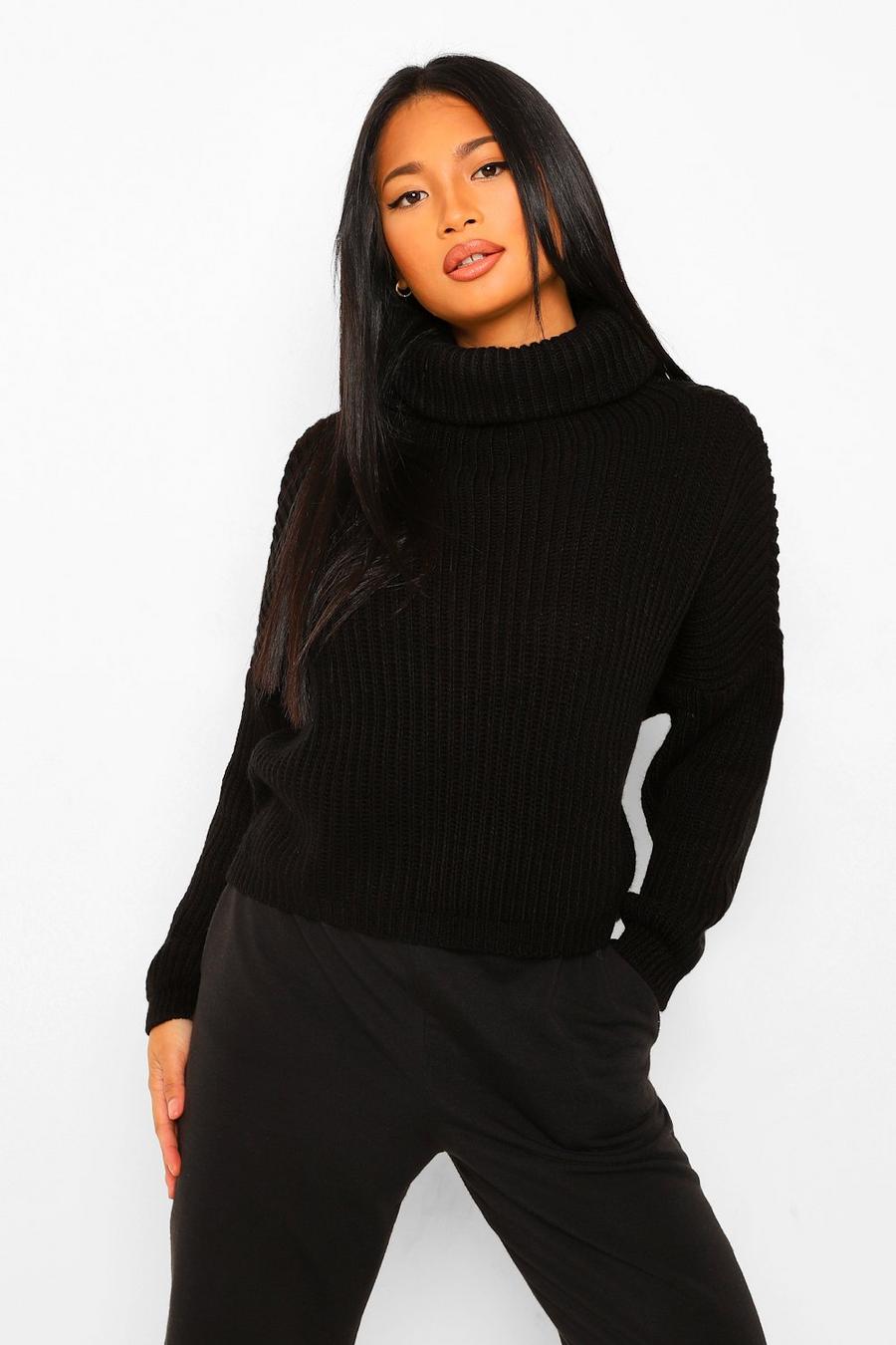 Black Petite Chunky Knit Roll Neck Cropped Jumper image number 1