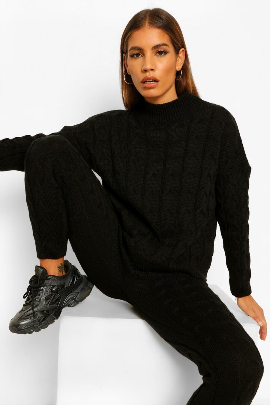 Black Petite Cable Knit Jogger and Jumper Co-Ord image number 1