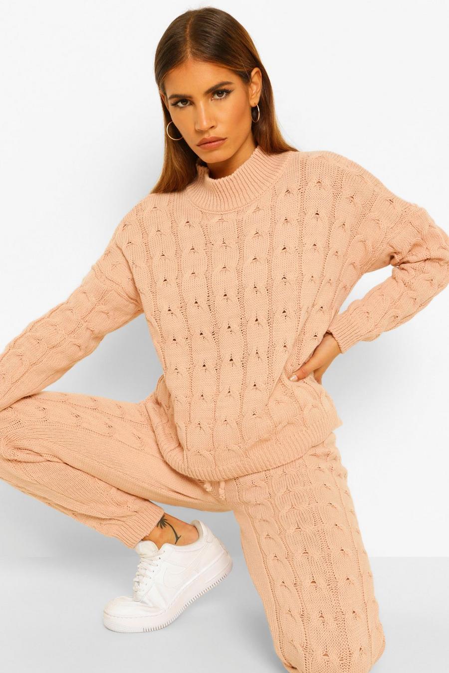 Blush Petite Cable Knit Jogger and Jumper Co-Ord image number 1