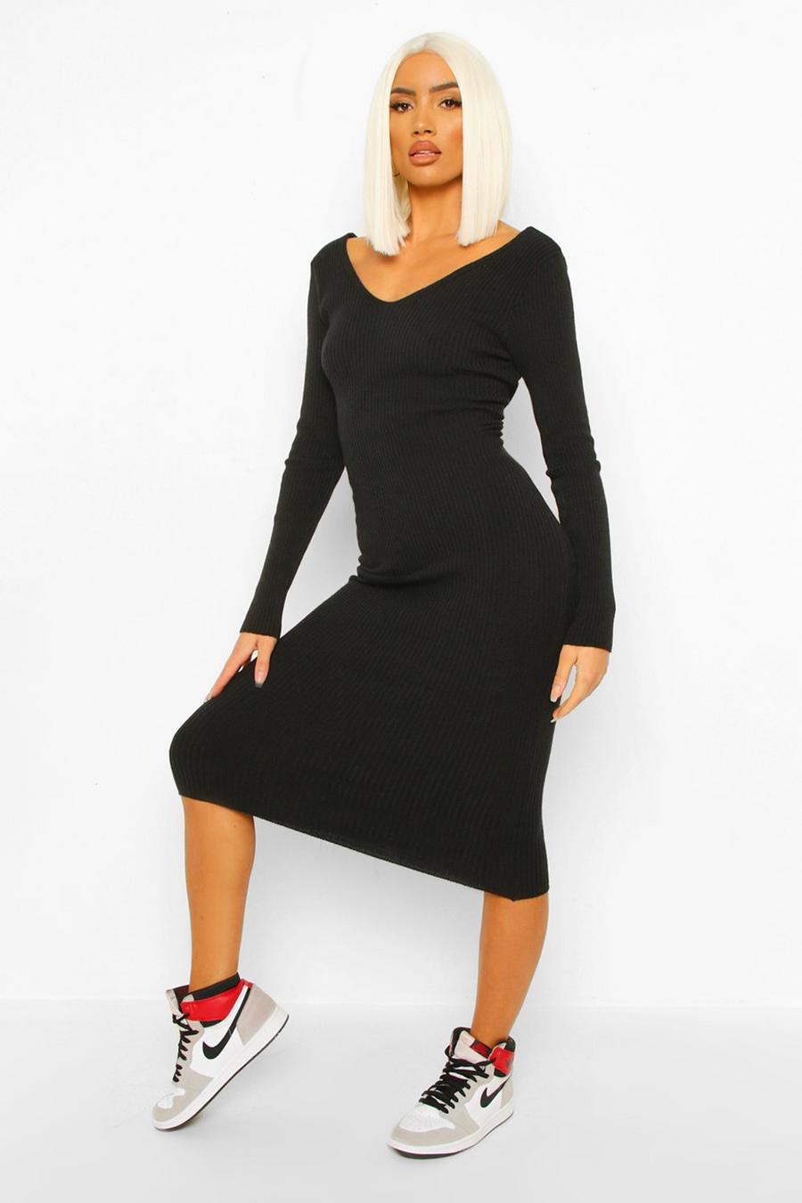 Black Petite Premium Rib V-Neck Knitted Dress image number 1