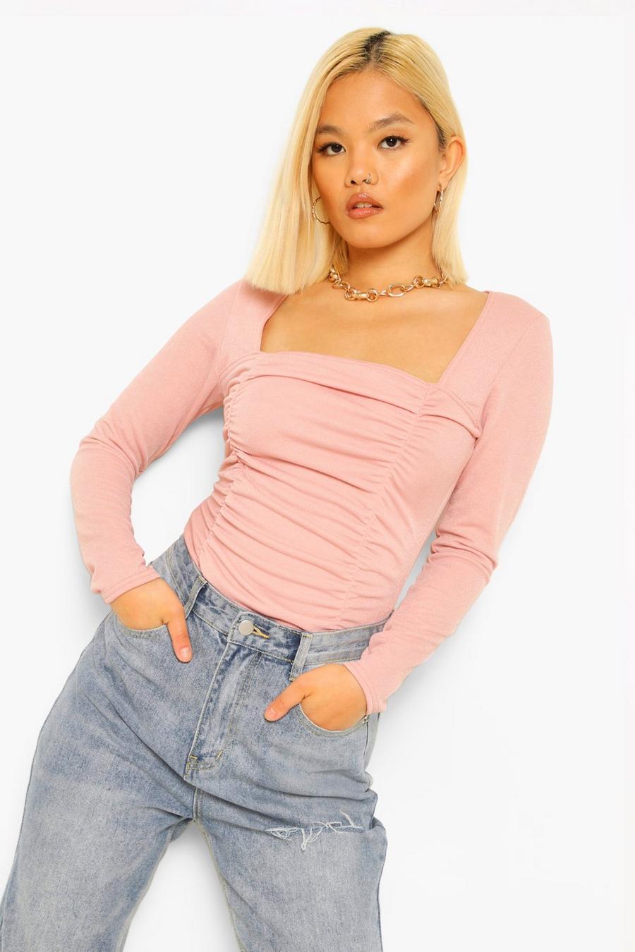 Rose Petite Long Sleeve Ruched Square Neck Bodysuit image number 1