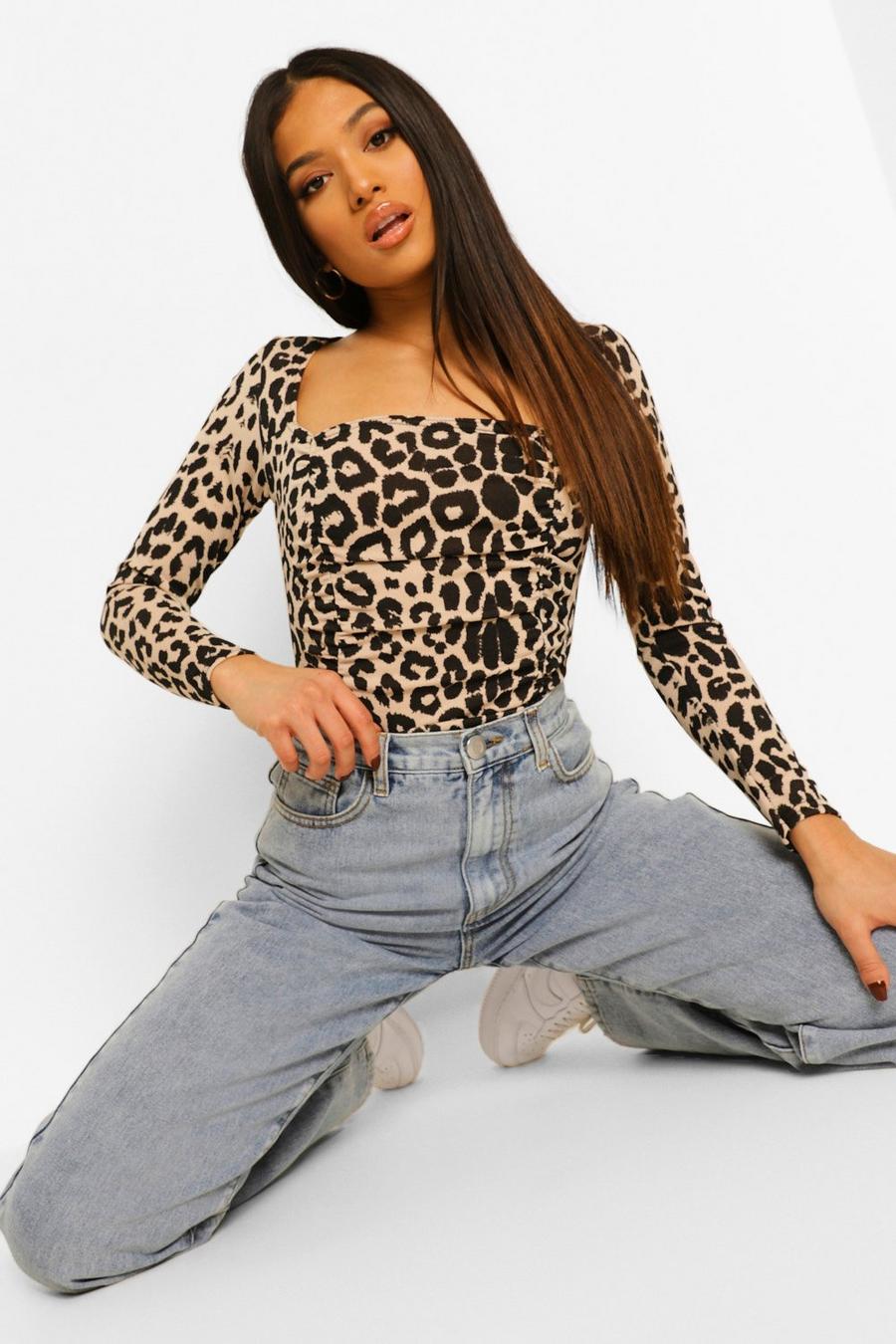Natural Petite Leopard Long Sleeve Ruched Front Bodysuit image number 1