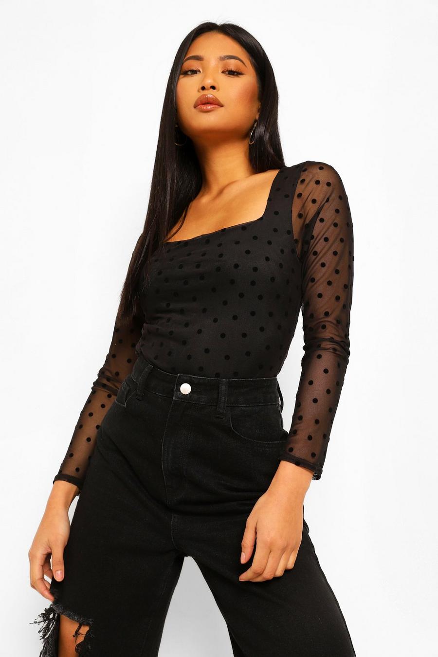 Black Petite Spot Mesh High Neck Puff Sleeve Bodysuit image number 1