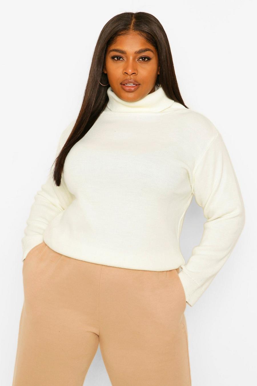 Cream Plus Roll Neck Knitted Jumper image number 1